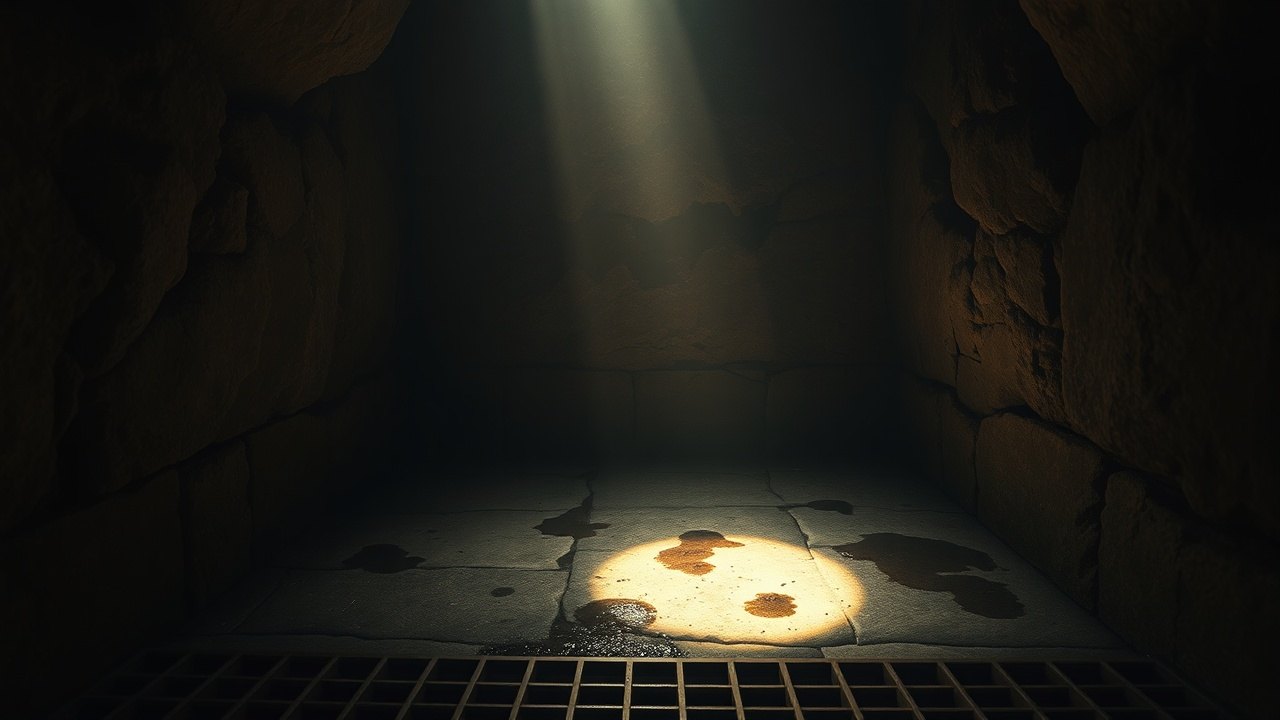 a shallow stone pit beneath an iron grate floor, dark stains on the rock, a single shaft of light from above