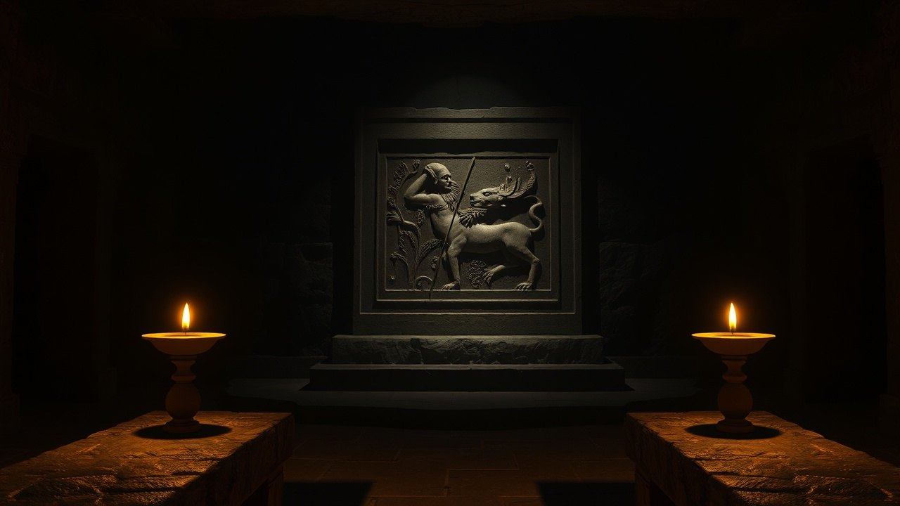 carved stone tauroctony relief at the far end of a dark underground temple, barely visible by the light of two clay oil lamps set on flanking stone benches