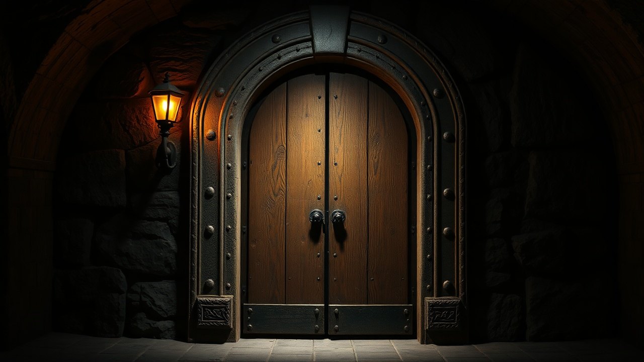 an iron-banded oak door set into a cold stone Habsburg crypt wall in deep shadow, a single torch bracket casting orange light across the riveted metal and carved stone surround