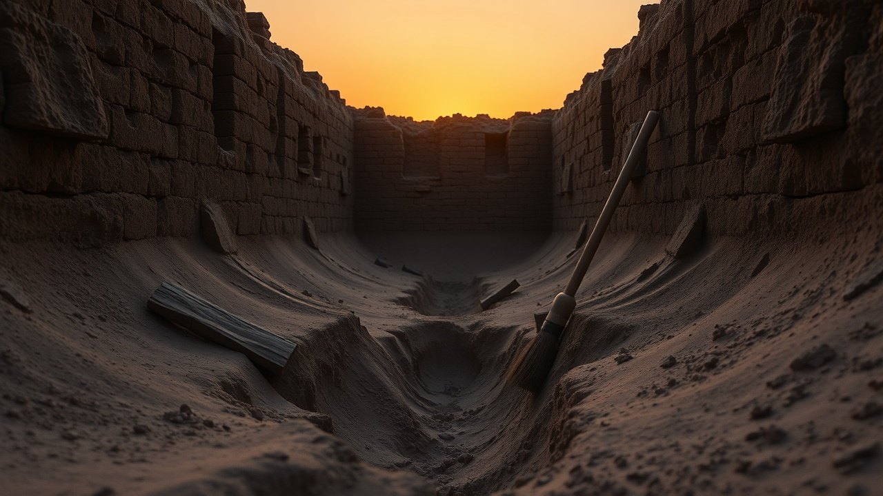 an open Iraqi excavation trench at dusk, crumbling mud-brick walls exposed in layers of sandy soil, a wooden-handled brush resting against the earthen wall, amber sky beyond