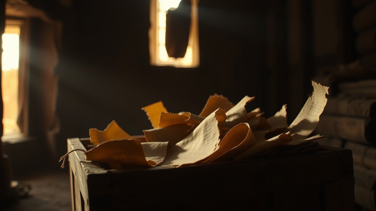 a wooden crate of loose papyrus scraps in a dusty storage room, Egyptian desert light filtering through a high narrow window, some fragments curling at the edges