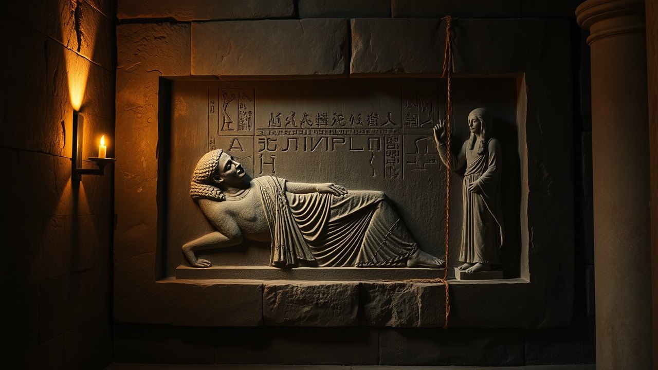 a carved stone wall relief in an Egyptian temple corridor showing a reclining figure draped in linen, attended by two standing robed figures, lit by a single torch in a wall bracket