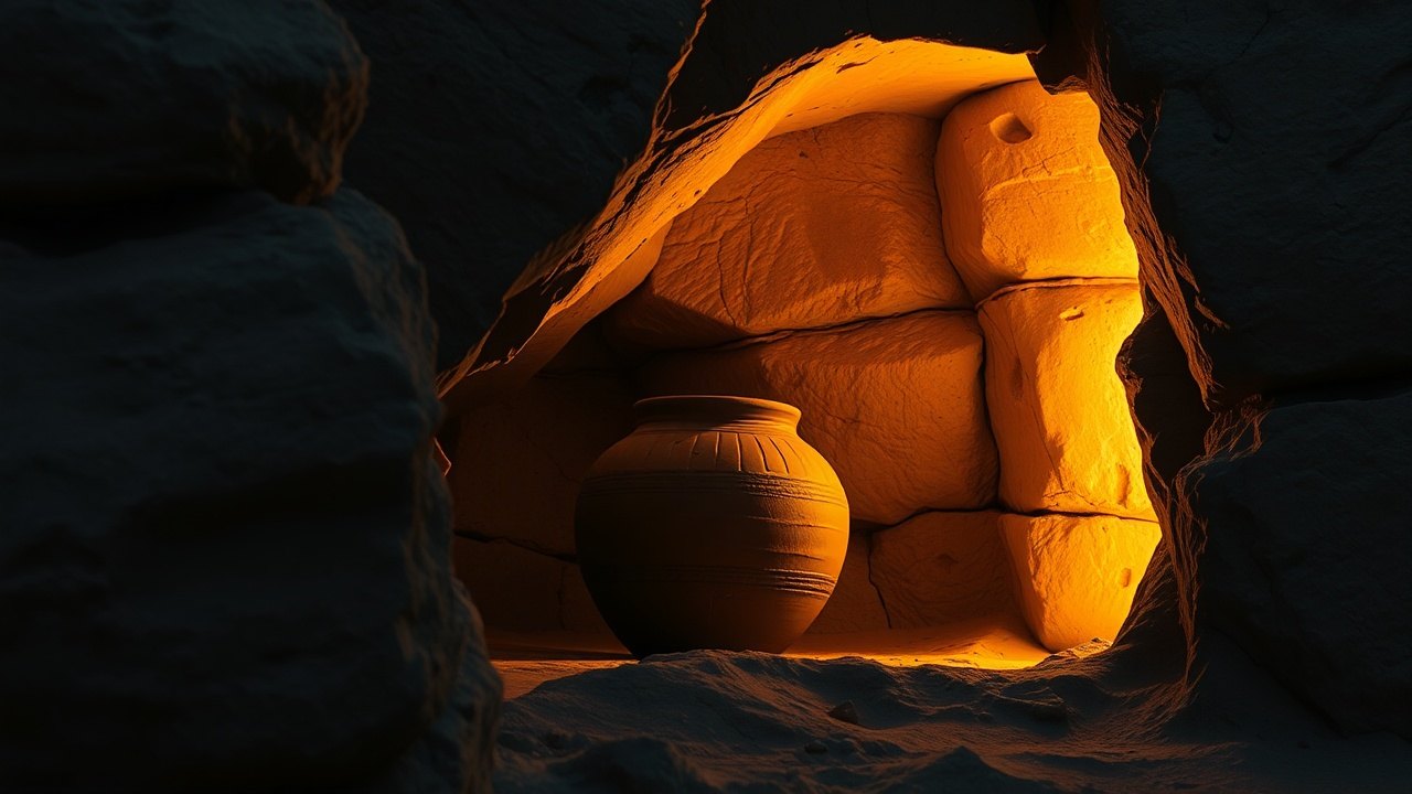 a sealed clay jar resting inside a limestone cliff niche in the Egyptian desert, late dusk light raking across the rock face from one side