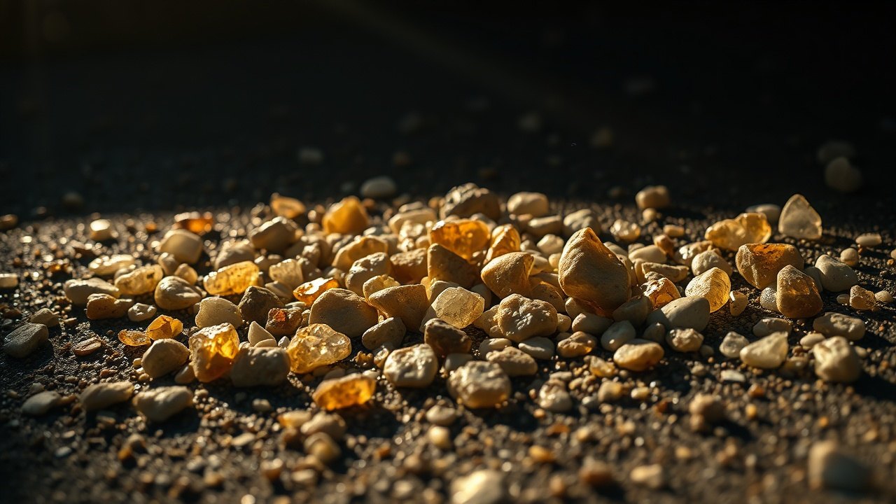 a scatter of water-worn gold-bearing quartz pebbles and coarse sand on dark ground, hard low sunlight raking across them