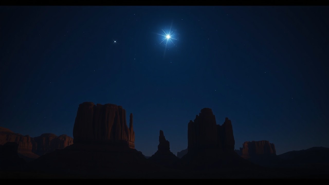 silhouetted jagged desert rock spires filling the lower third of the frame beneath a deep indigo night sky, a bright cluster of seven blue-white stars glowing above them, warm firelight glow catching the rock faces from below