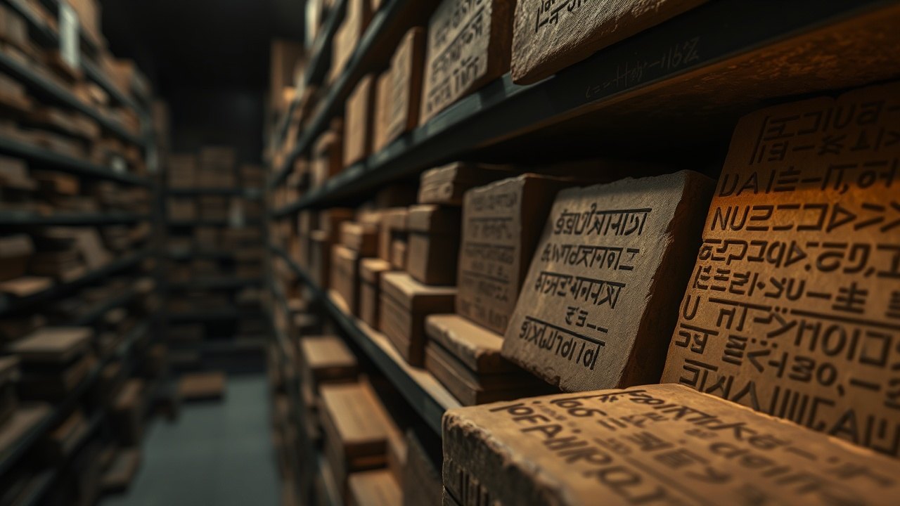 a crowded storage shelf of cuneiform tablets in a museum basement, soft conservation lighting picking out deep impressed wedge marks on the nearest clay surface