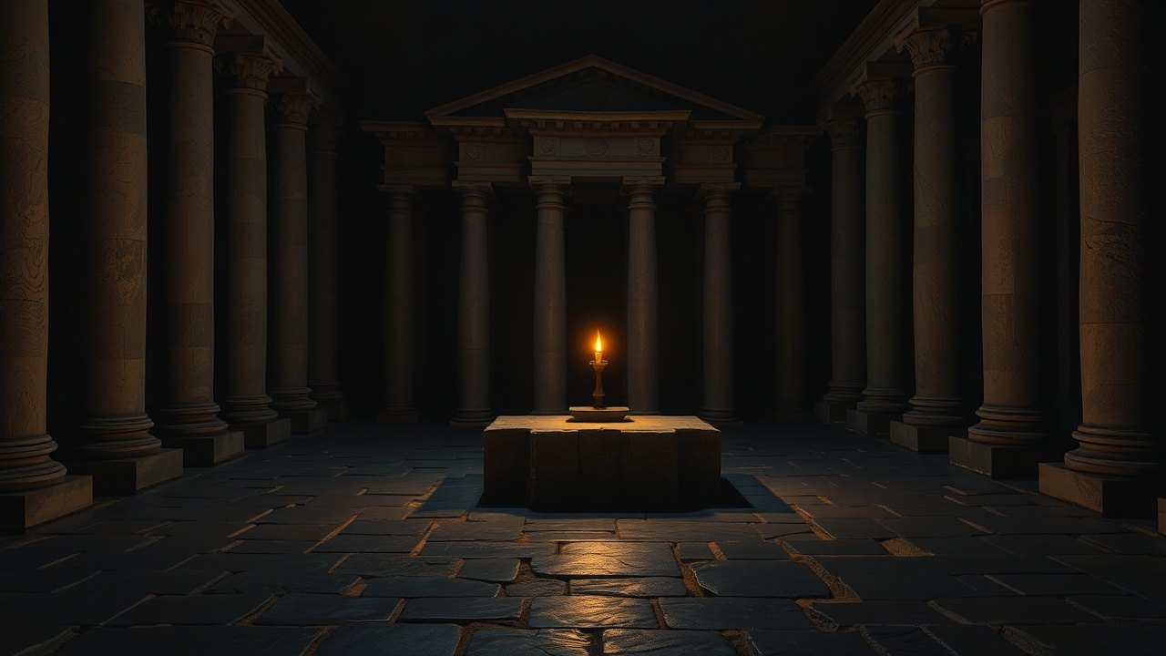 a black-paved ancient shrine in a Roman forum at night, surrounded by worn stone columns, a single oil lamp flickering on a low altar stone in the centre