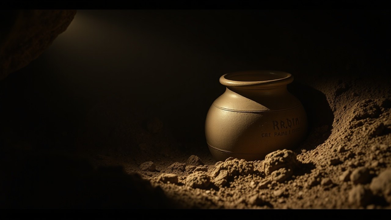 a sealed clay storage jar partially embedded in dark cave soil at Nag Hammadi, its lid intact, lit by a narrow beam of excavation lamp in deep shadow