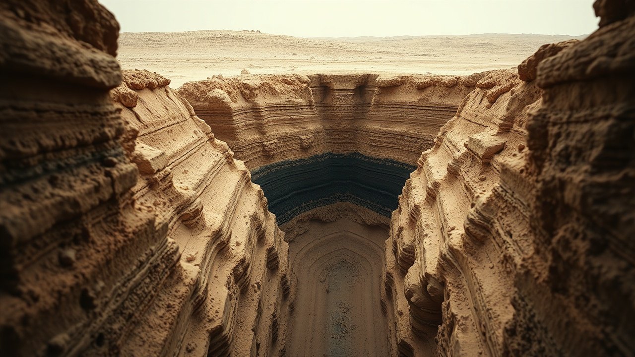 a stratigraphic excavation trench cut through layered desert sediment, a distinctive dark band running horizontally through the pale earth, lit by flat overcast excavation light