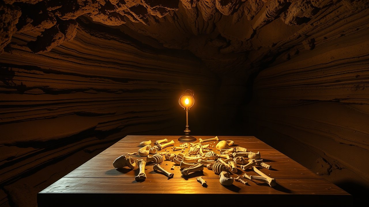 the interior of Denisova Cave in the Altai Mountains, a single excavation lamp casting amber light across stratified sediment walls and scattered bone fragments on a trestle table
