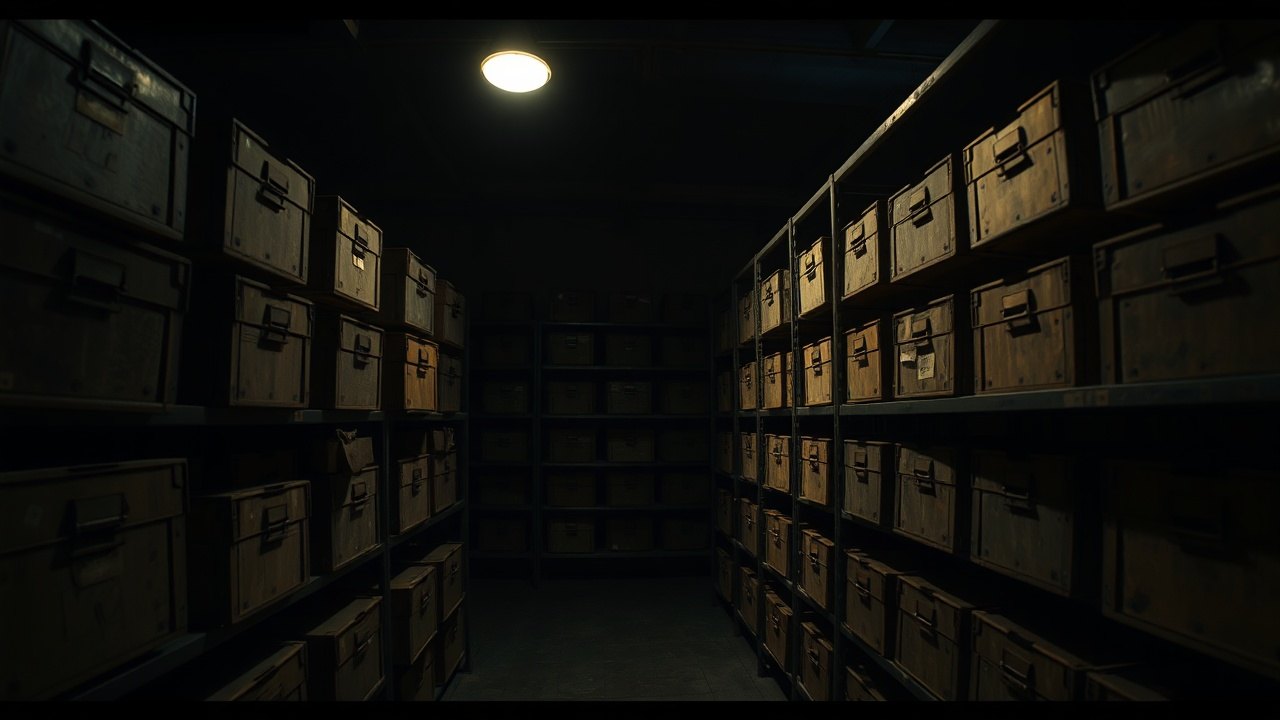 a dimly lit museum storage room with rows of wooden specimen crates stacked on metal shelving, a single overhead bulb casting hard shadows across dusty lids