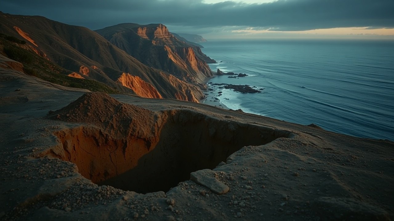 an open burial mound trench on a Californian coastal bluff at dusk, the excavated earth piled beside the cut and the grey Pacific visible in the background below orange cliff edges