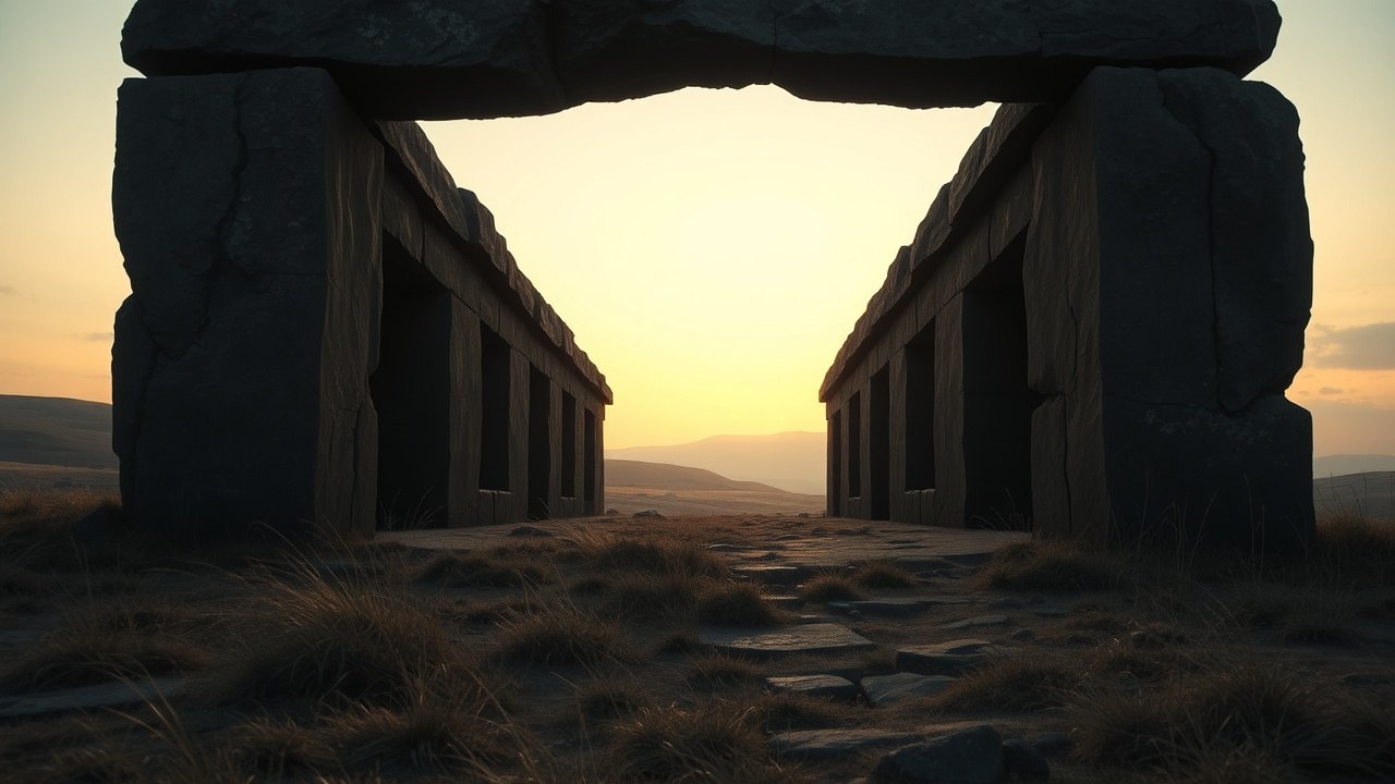 a long megalithic gallery tomb entrance on a windswept hillside at dusk, rough stone slabs capping a low corridor, dry grass pressing against the outer stones, pale sky behind