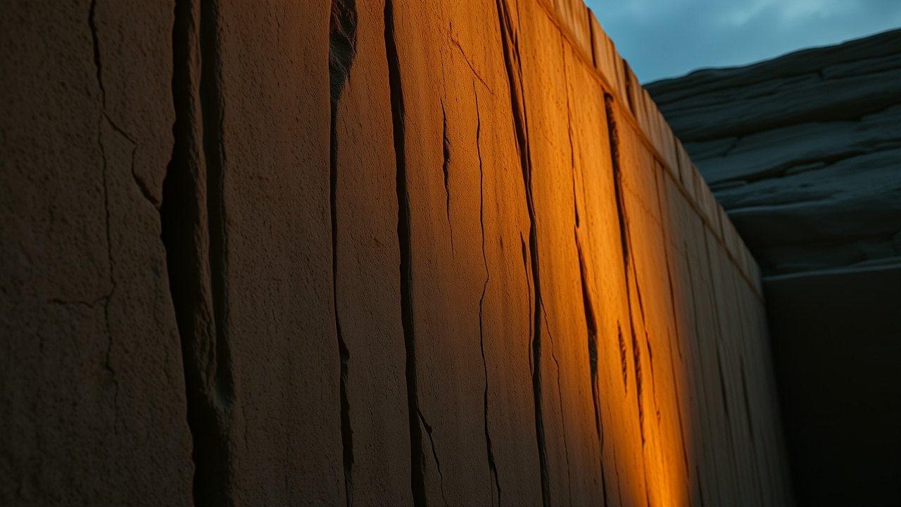 a close view of the Sphinx enclosure wall at dusk, deep vertical fissures running down pale limestone faces, long shadows pooling in the carved channels