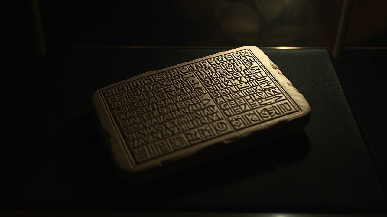 a clay cuneiform Star Almanac tablet from Sippar resting on dark velvet in a museum case, the surface dense with astronomical notation rows, lit by a narrow angled spotlight that carves the wedge marks into sharp relief