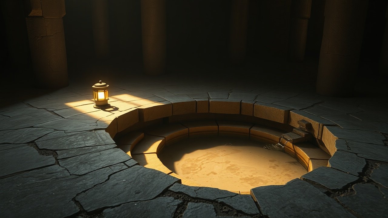 a stepped stone immersion basin cut into the floor of a ruined temple, lit from the side by a low excavation lantern revealing water stains and worn limestone edges