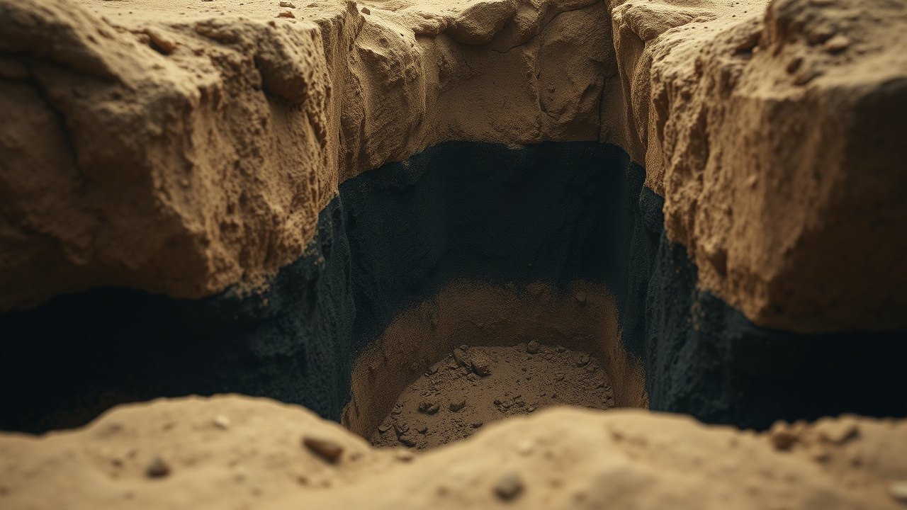 a deep excavation trench cut into the black alluvial flood deposit layer at Ur, the thick dark sediment band clearly visible between pale sandy strata, lit by flat overcast excavation light at midday