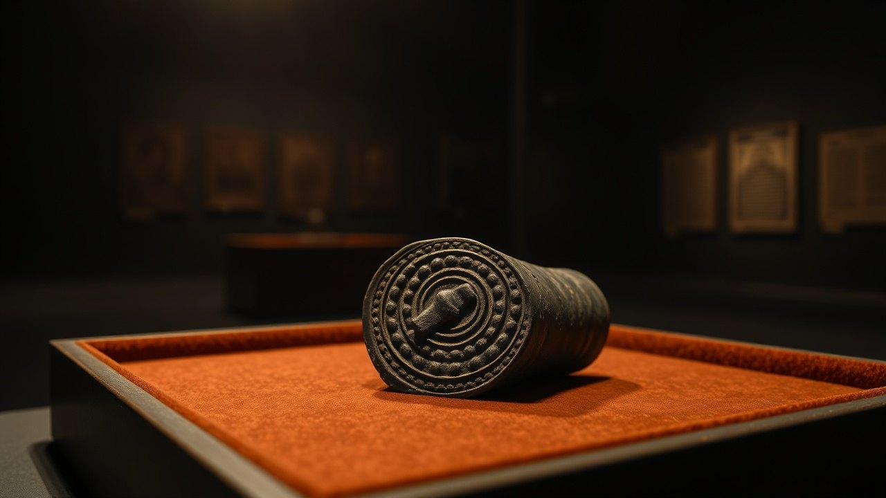a small dark stone cylinder seal resting on a velvet museum tray, its carved surface bearing rows of circular impressions arranged concentrically, lit by a focused overhead spot in an otherwise dark display room