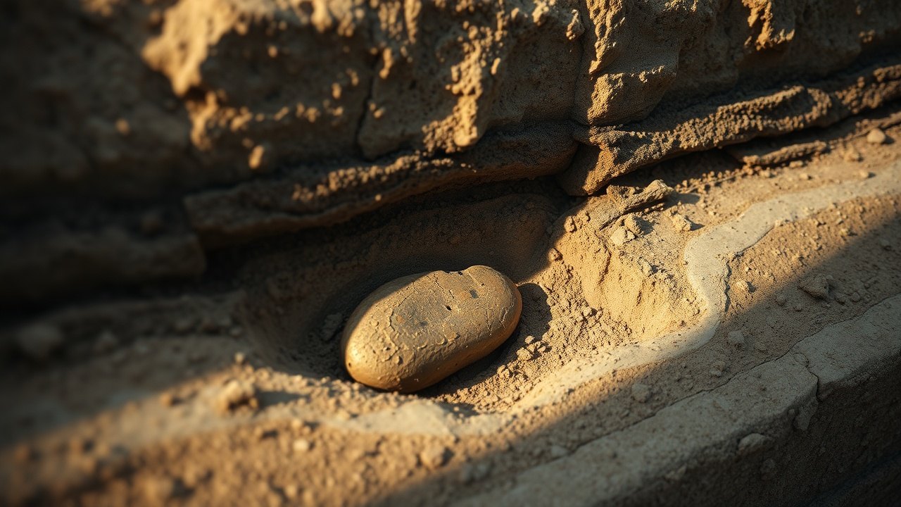 a Bronze Age destruction layer cross-section exposed in an excavation trench at Tall el-Hammam, dark compacted debris visible in strata under the cut wall, a ceramic shard half embedded in ash-colored soil catching late afternoon light