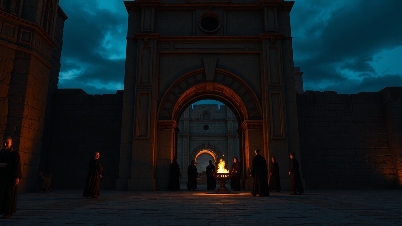 the exterior of an ancient city gate at dusk, a group of robed figures gathered in the shadow of the arch, firelight from a small brazier flickering against the stone