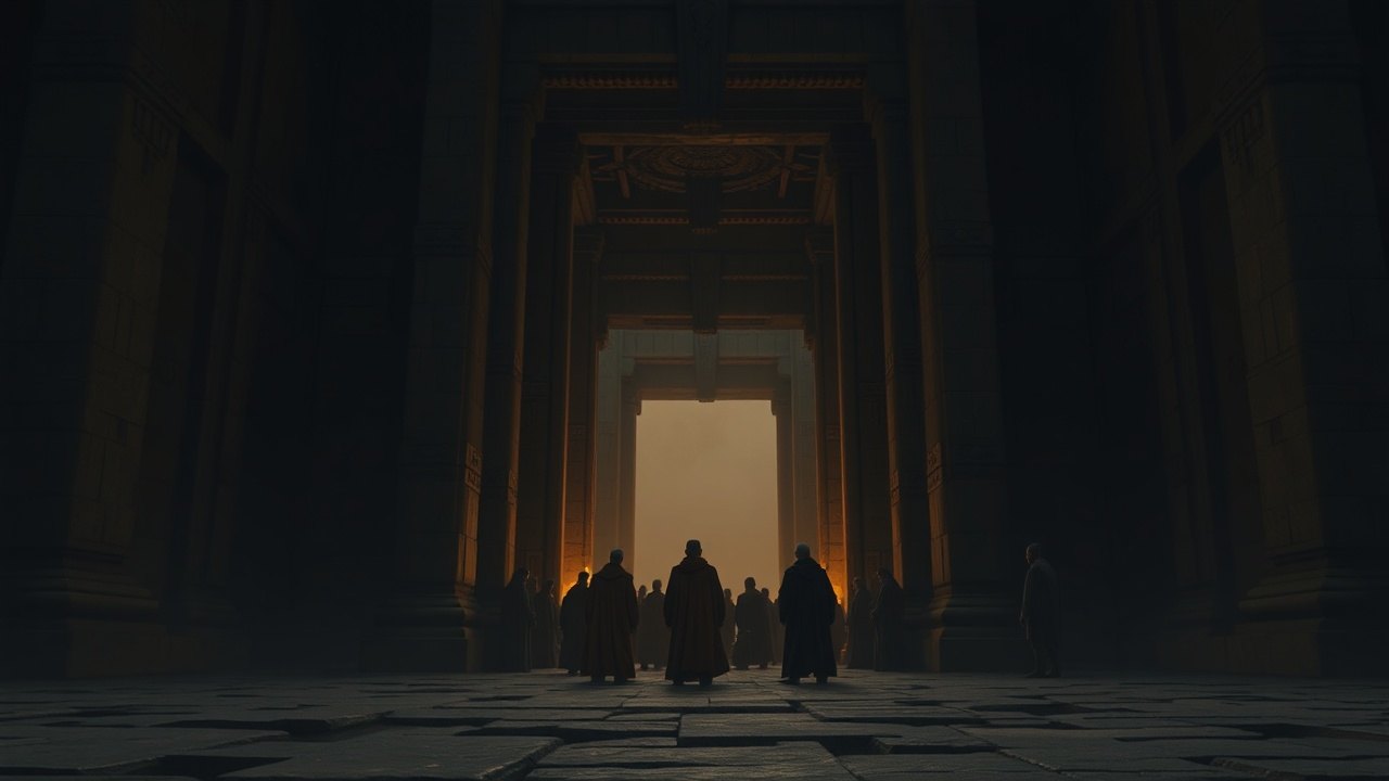 a cluster of robed figures gathered at the base of a massive stone temple gateway in deep shadow, distant torchlight from the threshold casting a faint orange glow across the worn threshold stones