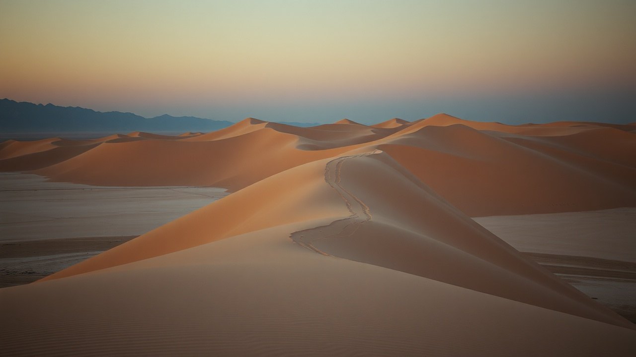 a windswept ridge of pale desert dunes above a dry salt lake basin at dusk, faint tracks crossing the sand