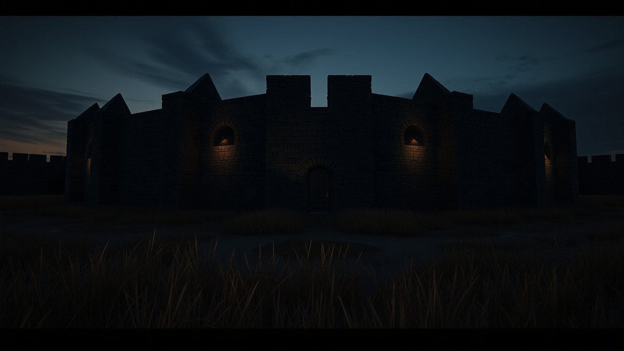 a geometric star fort viewed from a low angle at twilight, its pointed stone bastions casting long shadows across a dry grass moat, no figures visible