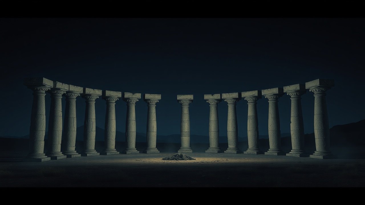 twelve weathered stone pillars standing in a wide ring on a dark plain under a deep night sky, low mist between them