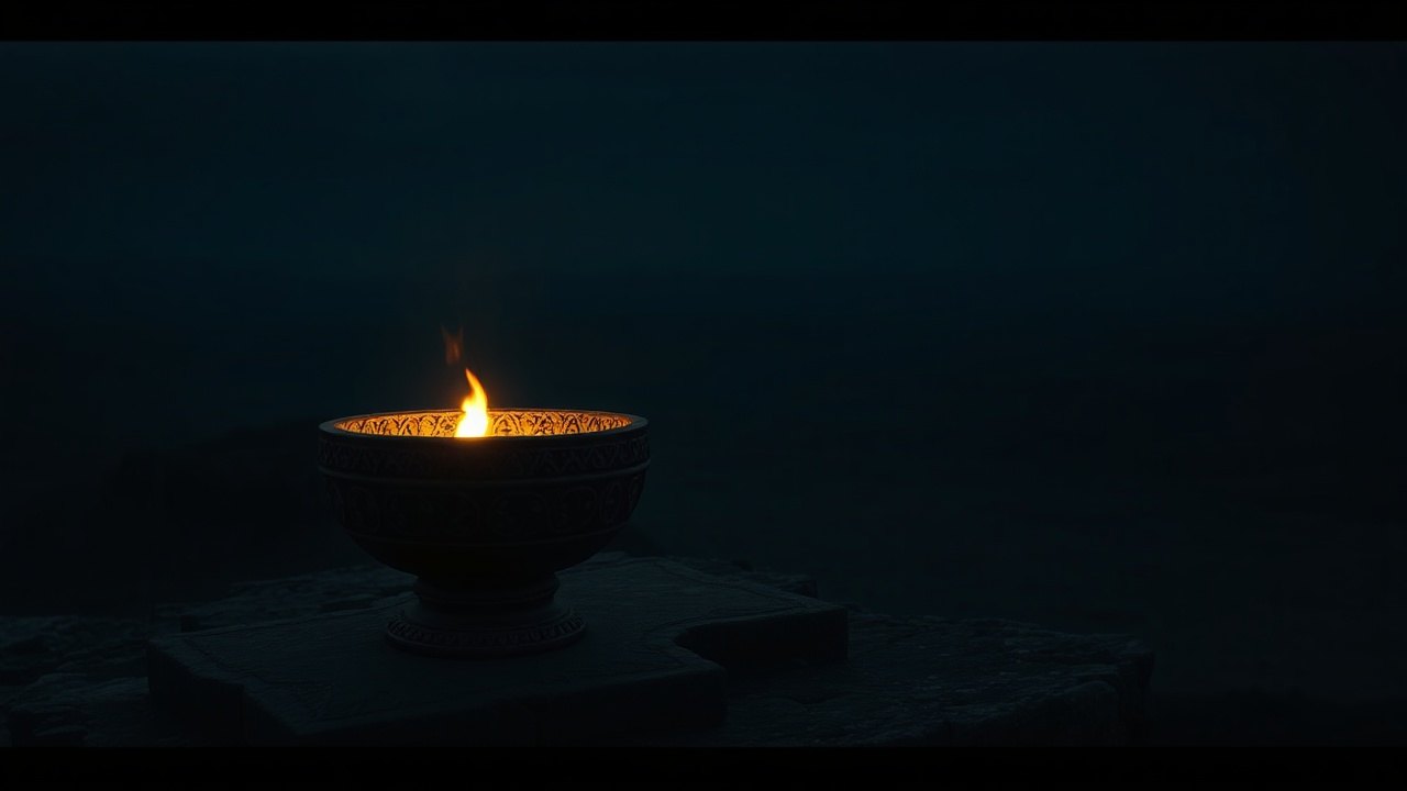 a Zoroastrian fire altar of carved stone on a cliff-top plain at night, a low flame burning in the bowl, the dark Iranian steppe stretching to the horizon below